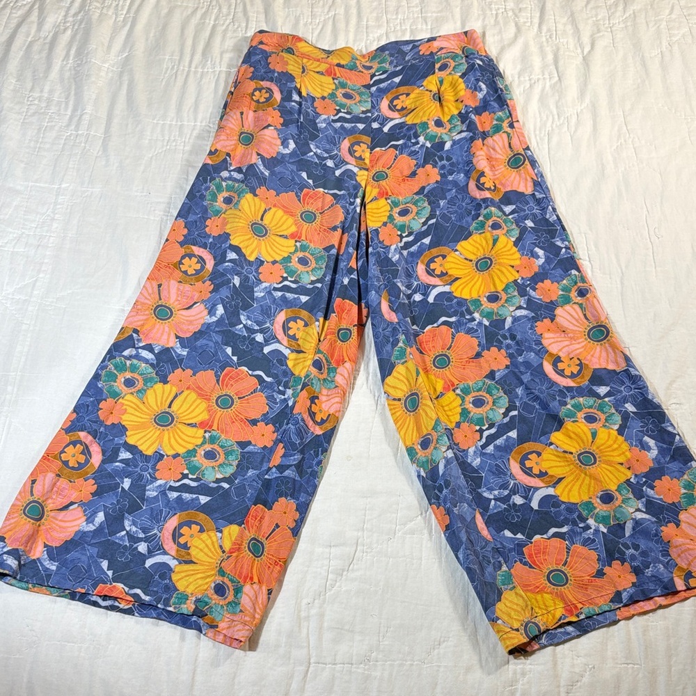 O'Neill Women's Floral Wide Leg Pull-On Loose Fit Beach Blue & Orange Boho Pants